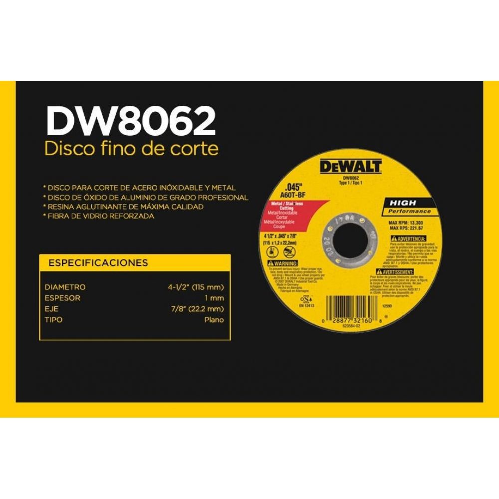 Disco corte inox 41/2 Dewalt DW8062 (Emb.25pç)